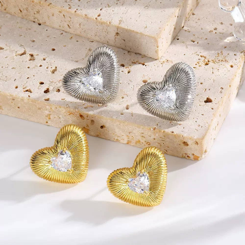CZ Bold Heart Stud Earrings