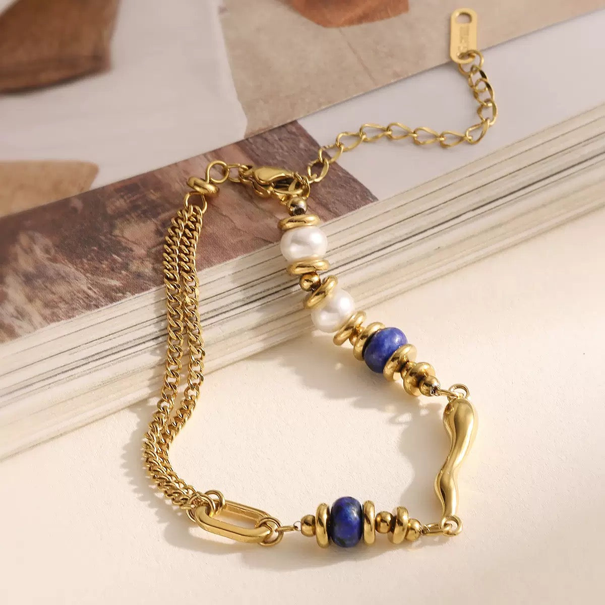 The Lapis & Pearl Mixed-Element Chain Bracelet