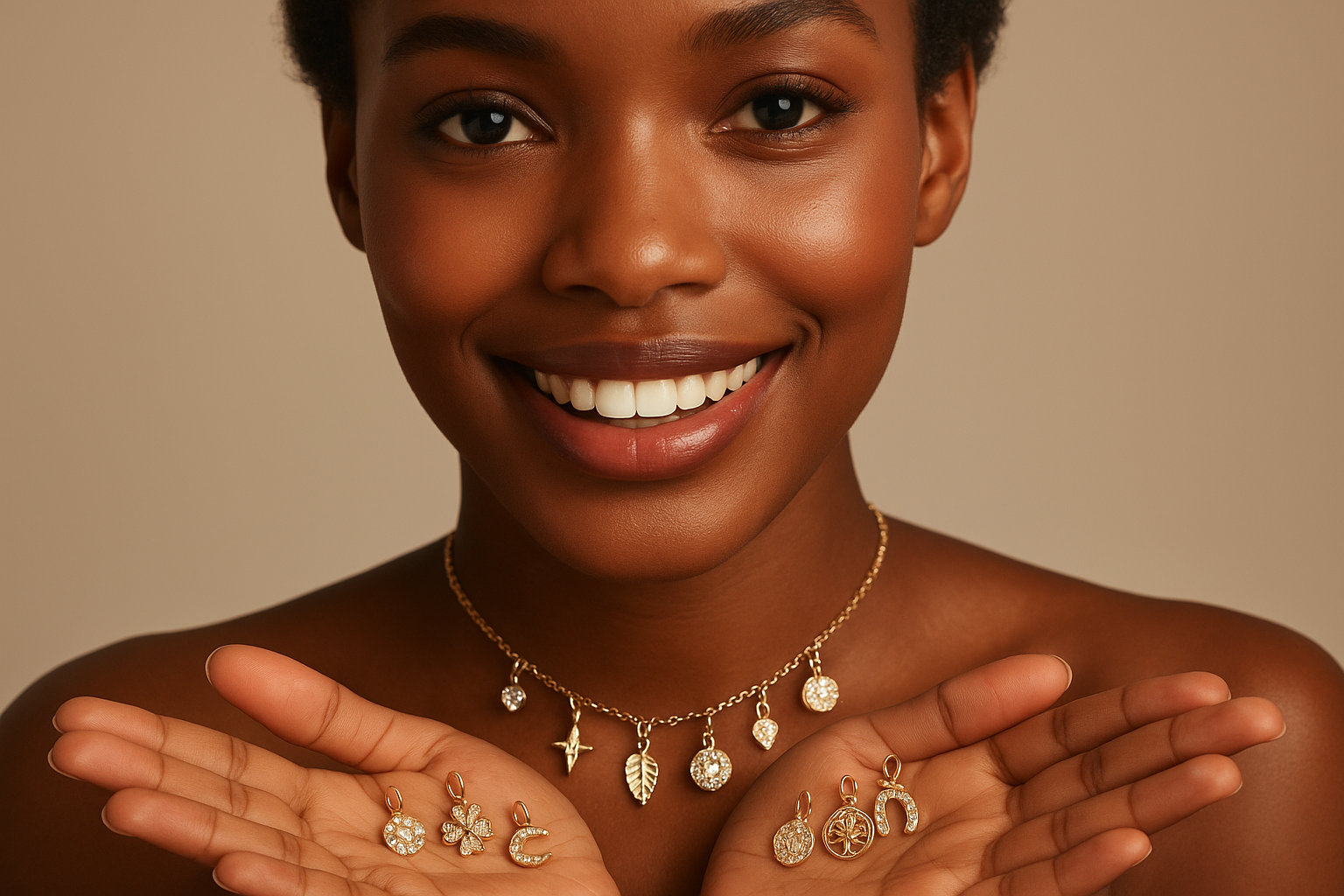 a dark skin girl wearing charm necklace and holding charms