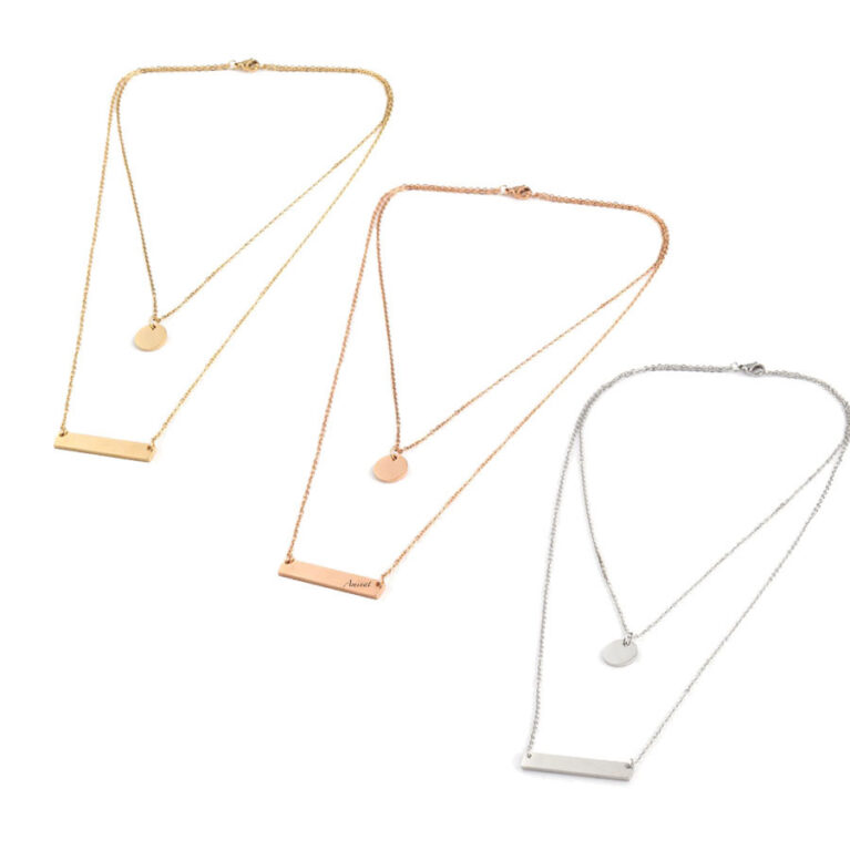 Gold Bar and Round Tag Layered Necklace